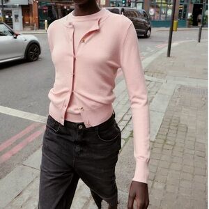 Zara - Pink Shimmery Button-Up Cardigan with Floral Buttons - Small